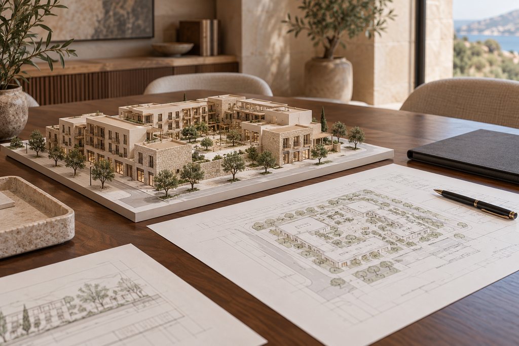 Architekturmodell eines Immobilienprojekts mit Plänen und Unterlagen auf einem Besprechungstisch