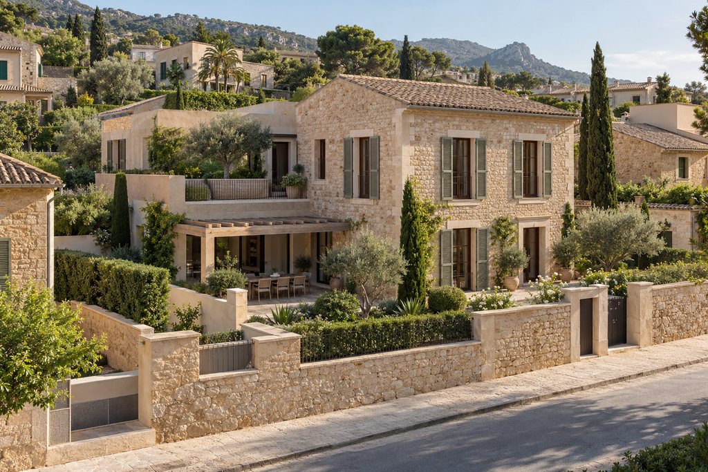 Mediterranes Wohnhaus mit Natursteinfassade, Terrassen und Grundstücksgrenze